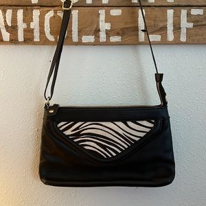 PURE Collection Black Leather & Zebra Print Fur Crossbody Handbag 12 x 7.5 x 1